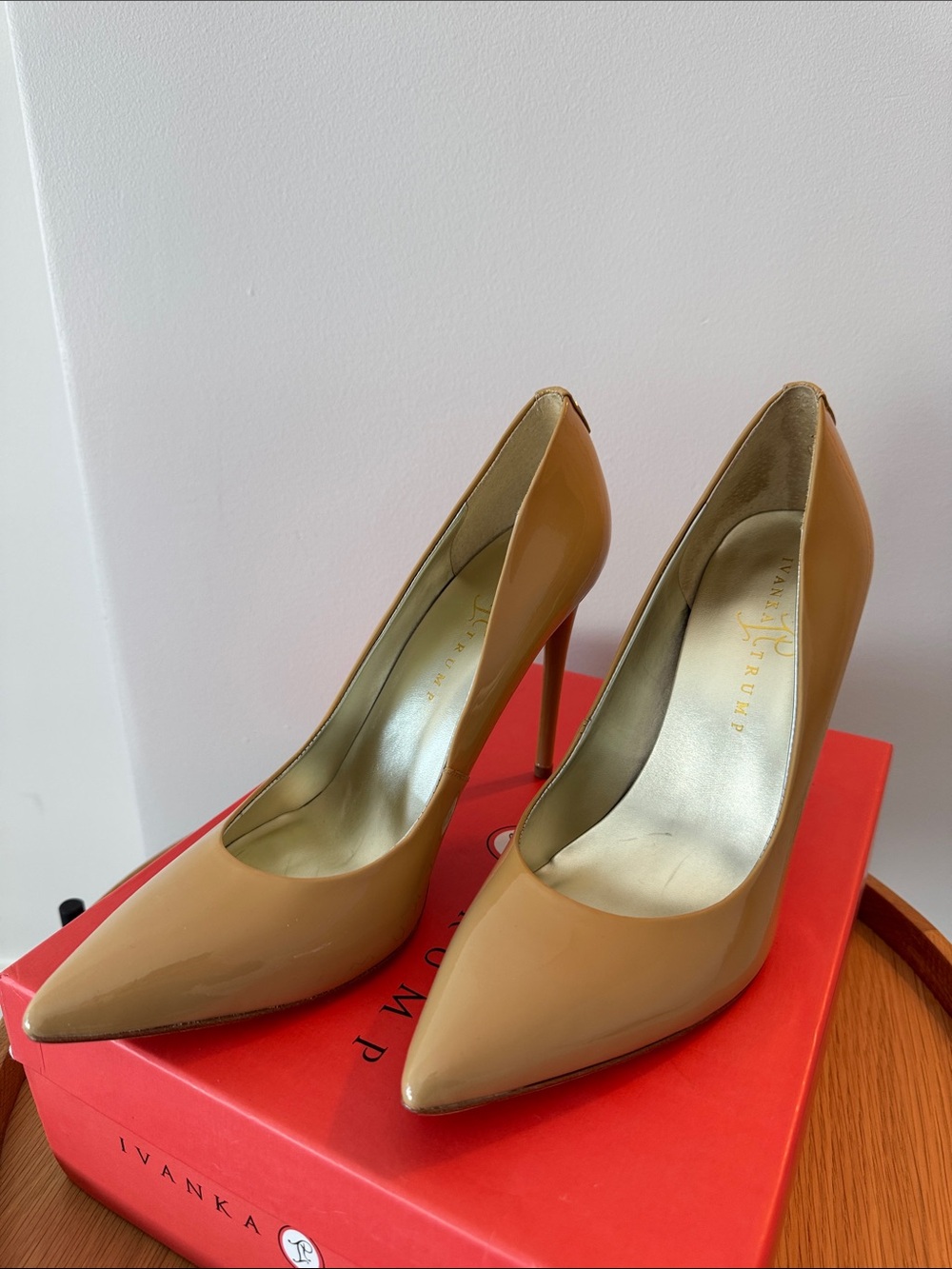 Ivanka Trump Beige Patent Pointed-Toe Stiletto Pumps